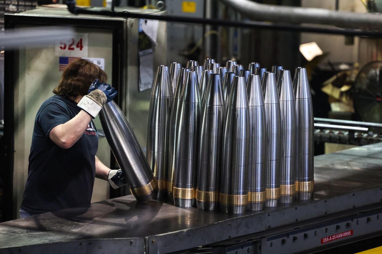 Employee handles 155mm shells after manufacturing at Scranton Army Ammunition Plant, Scranton, PA, U.S., on April 16, 2024.